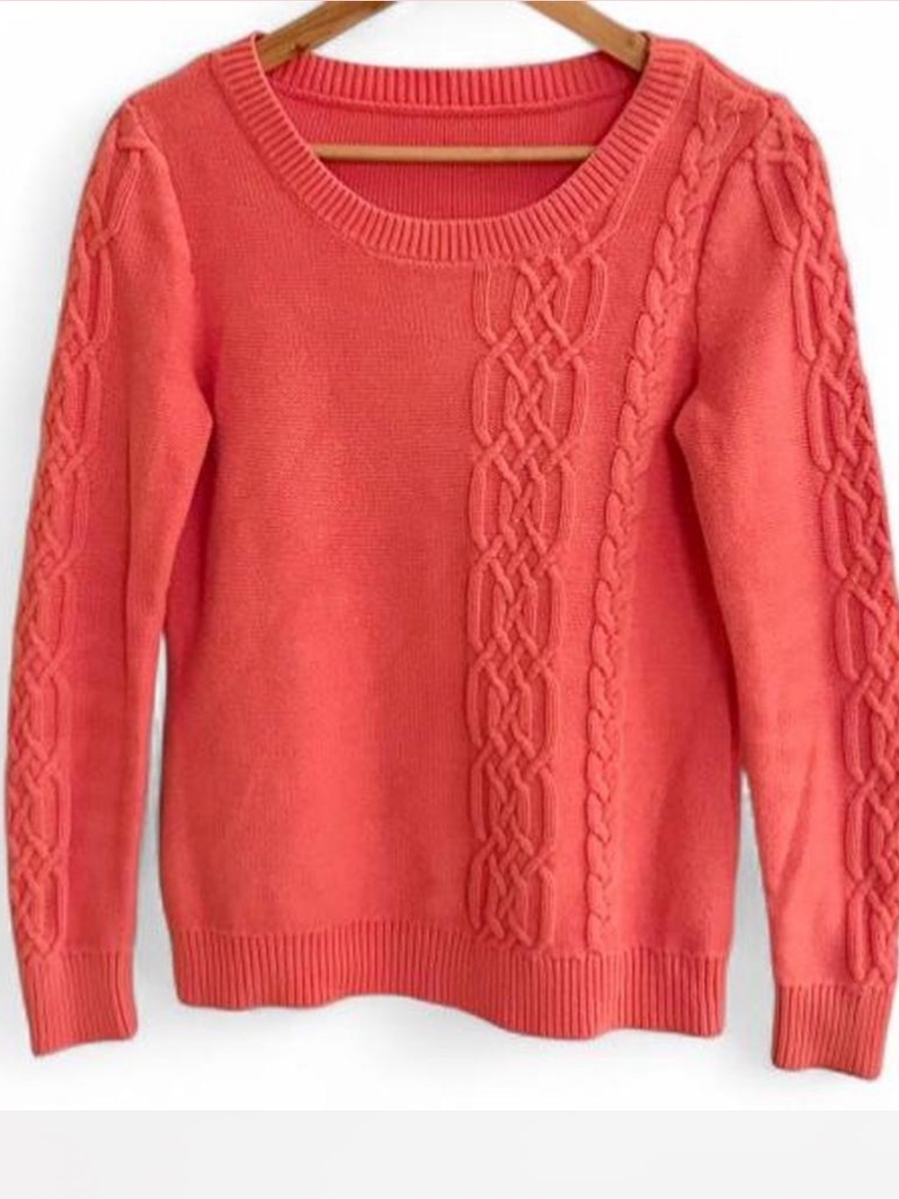 J.Crew Coral Pink Cable Knit Sweater XS Cotton Preppy Classic Crewneck Pullover - Picture 2 of 5